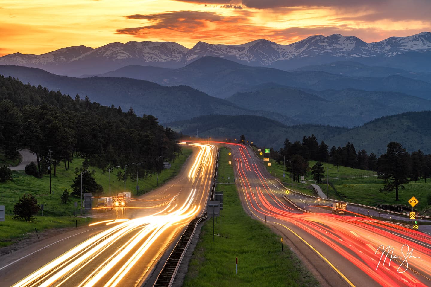 Sunset over I-70 and the Colorado Rockies