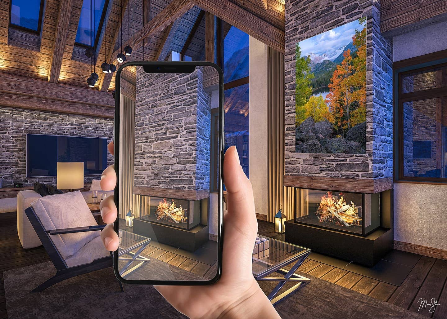 Person holding a phone to photograph their living room for an art mockup, with the Bear Lake Beauty fine art photograph shown digitally on the wall above the fireplace.