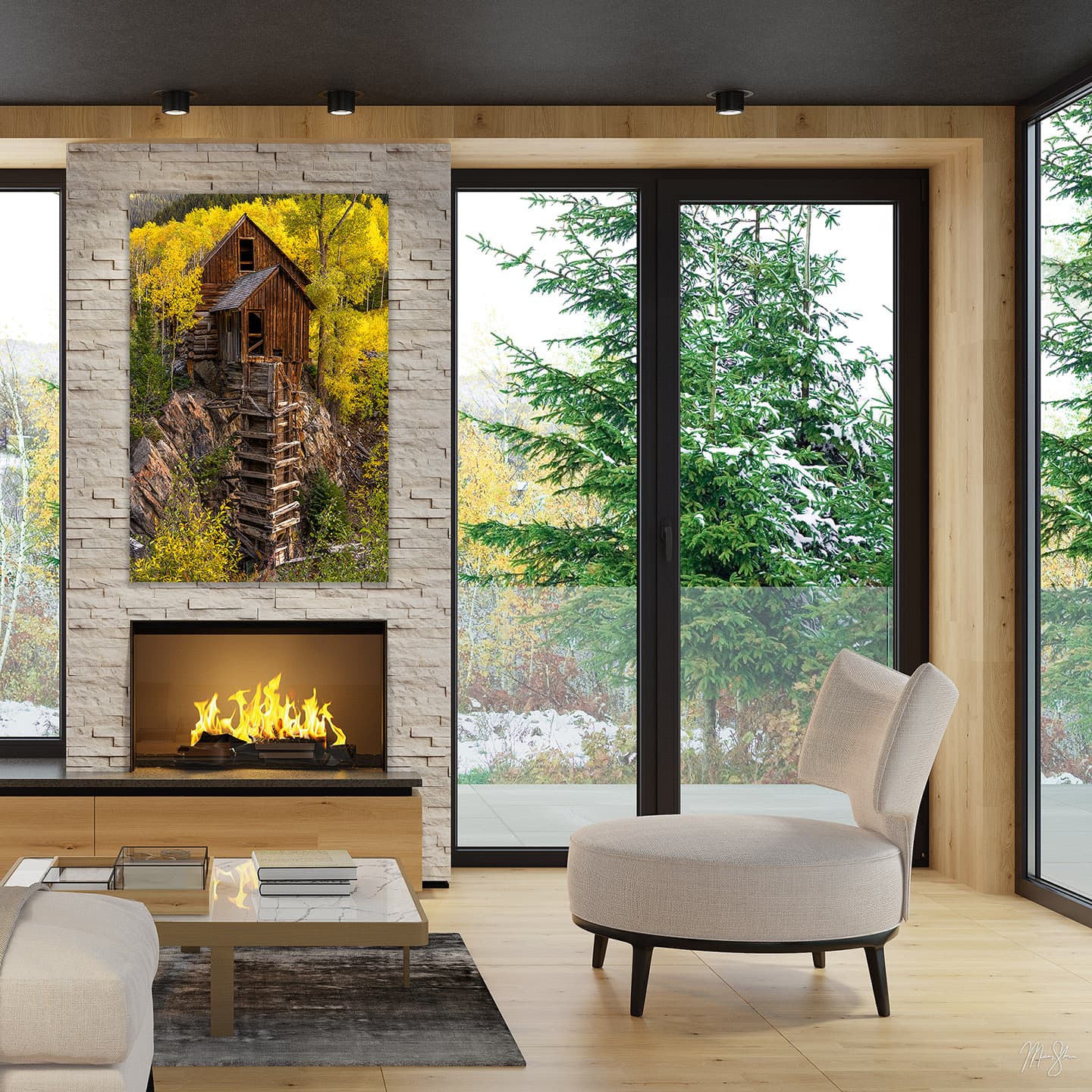 Mountain home interior design with a fine art print of Crystal Mill hanging on the wall