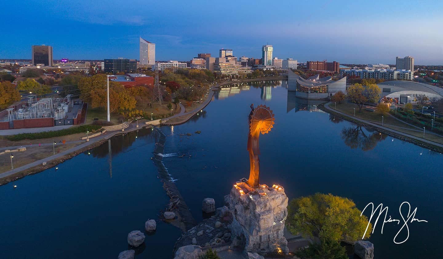 Aerial Autumn Sunset Over Wichita - The Keeper of the Plains, Wichita, Kansas