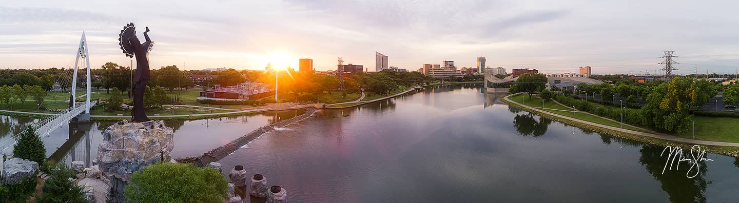 Aerial Keeper of the Plains Sunrise - The Keeper of the Plains, Wichita, Kansas