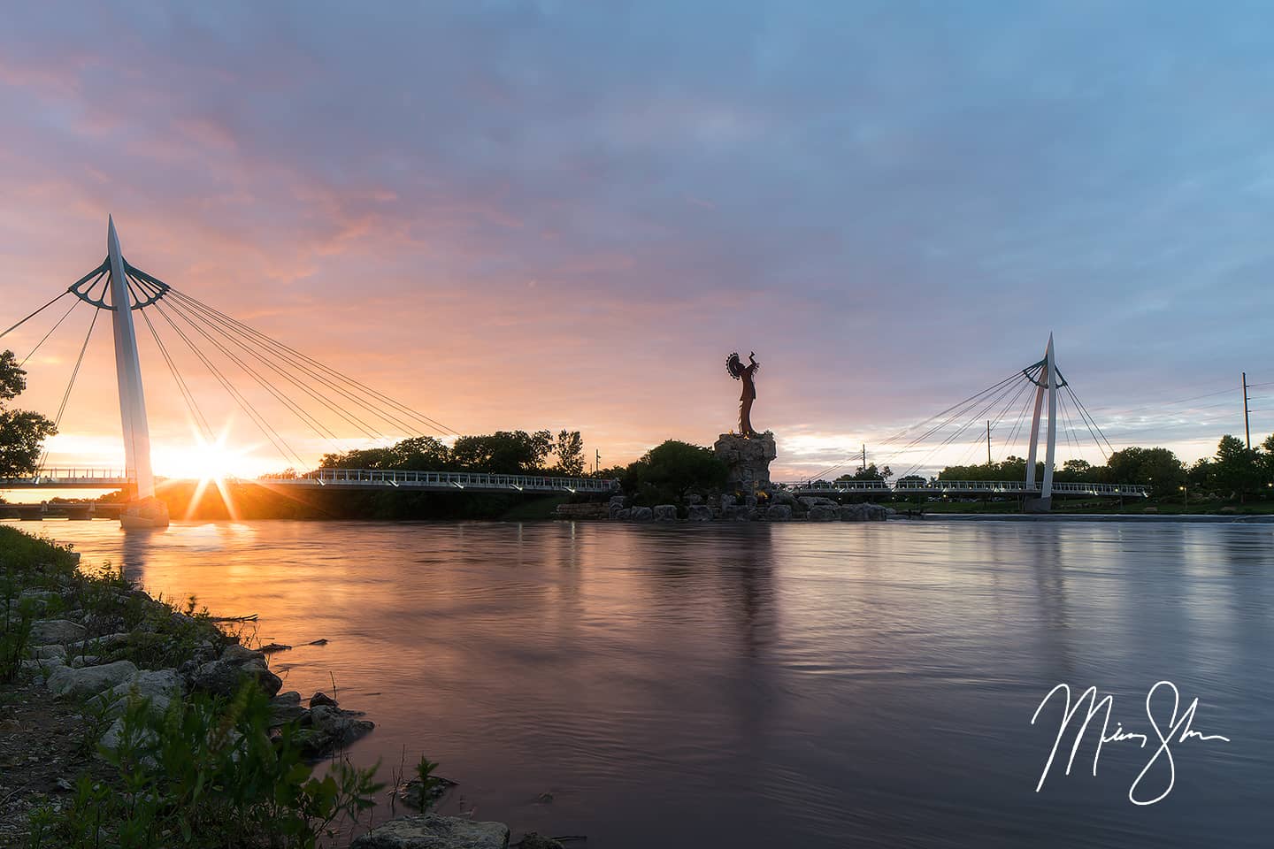 Brilliant Sunburst Sunset at the Keeper of the Plains - Keeper of the Plains, Wichita, Kansas