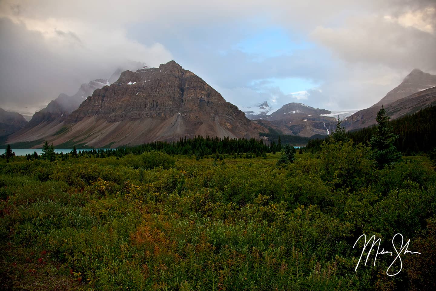 Canadian Rockies Foggy Morning Sunrise - Bow Lake, Canadian Rockies, Banff National Park, Canada