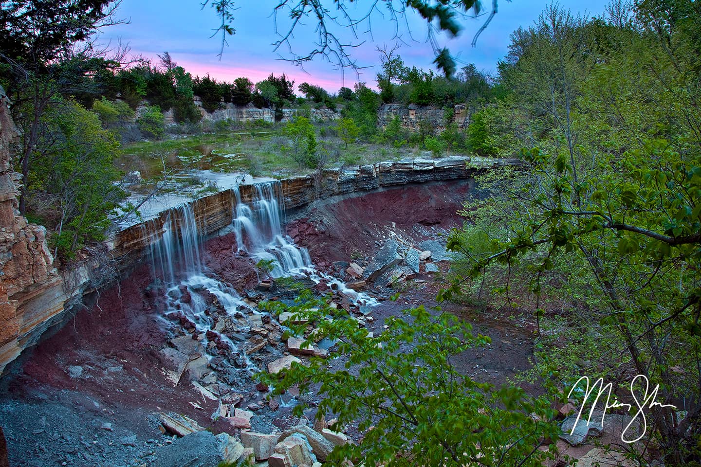 Cowley Lake Waterfall Sunset - Cowley State Fishing Lake, Kansas