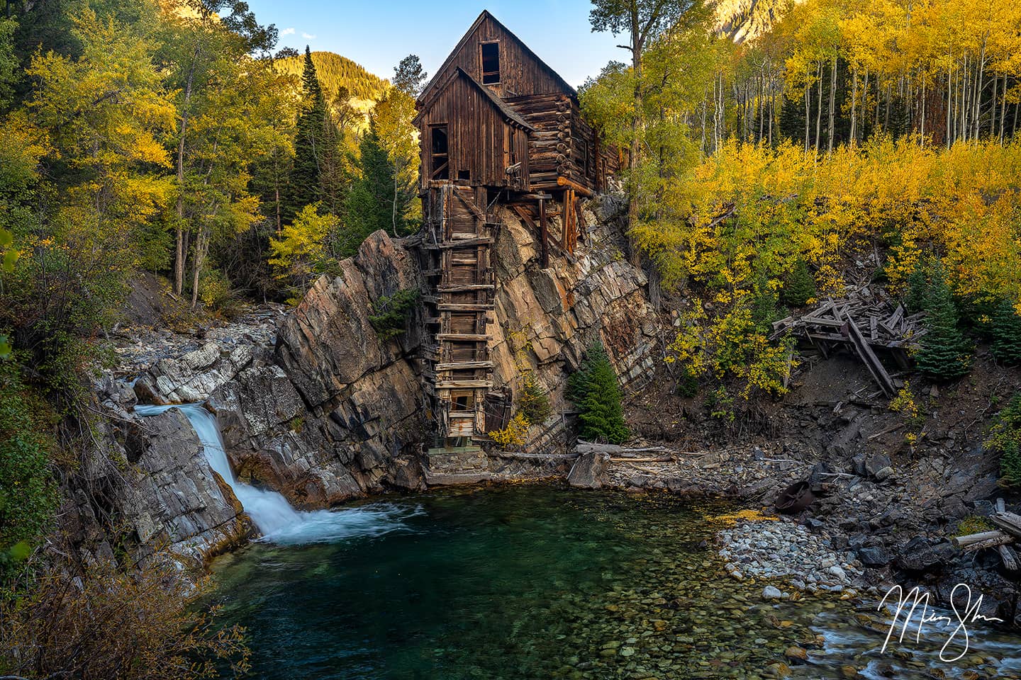 The Crystal Mill was built in 1892 and used as a wooden powerhouse on the Crystal River. It takes a 4x4 vehicle or a long hike to get up to it. Autumn colors at the Crystal Mill is a special time. It is such an iconic place at any time of the year. But when you visit in the fall, it becomes even more special! This was shot as the trees were mostly turned. There was still a hint of green, but gold had mostly settled in. It is a true Colorado icon!