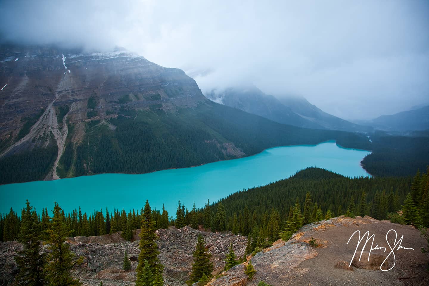 Foggy Peyto Lake Classic - Peyto Lake, Icefields Parkway, Banff National Park, Alberta, Canada