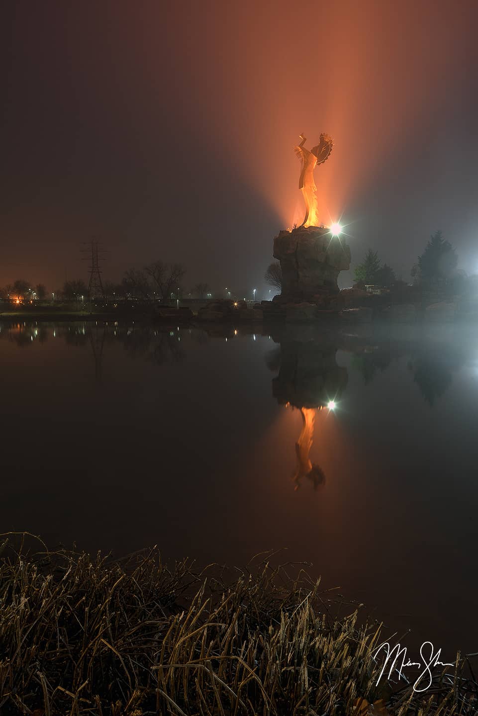 Keeper of the Plains Foggy Reflection - Wichita, Kansas