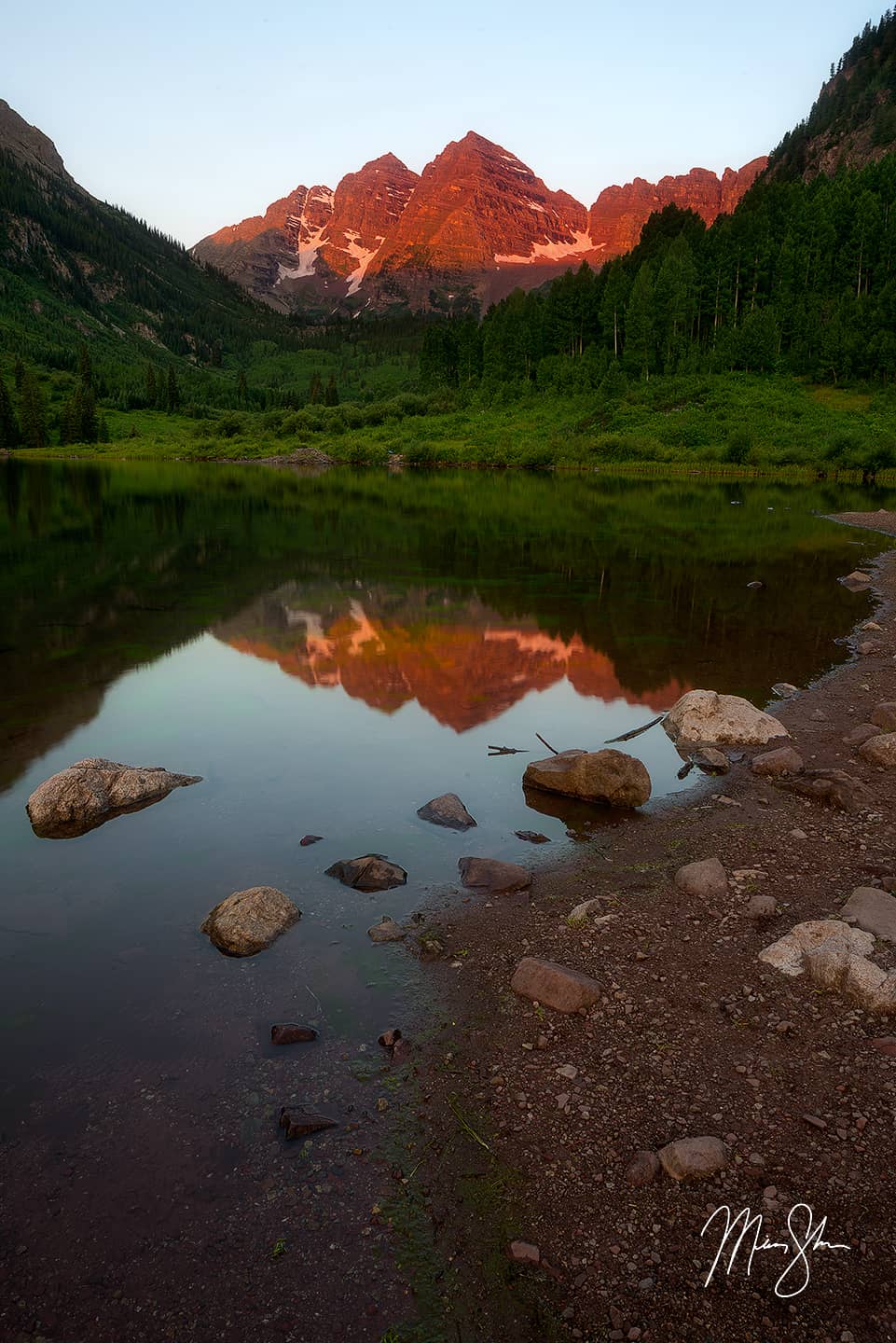 Maroon Bells Summer Sunrise Reflection - Maroon Lake, Aspen, Colorado