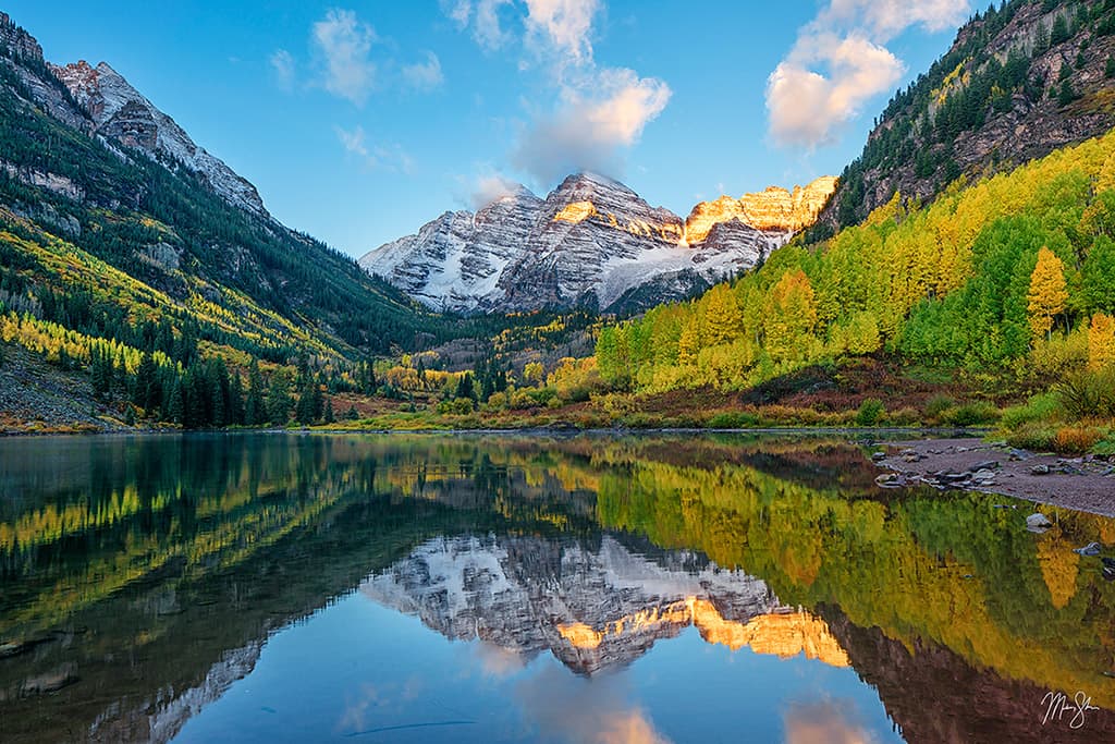 Maroon Bells Magic | Picturing the iconic Maroon Bells surrounded by fall colors and a dusting of snow.