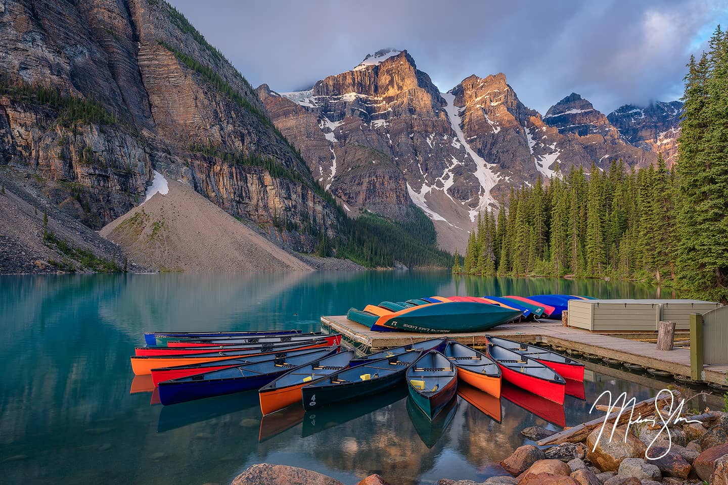 Open edition fine art print of Moraine Lake Sunrise at the Canoe Dock