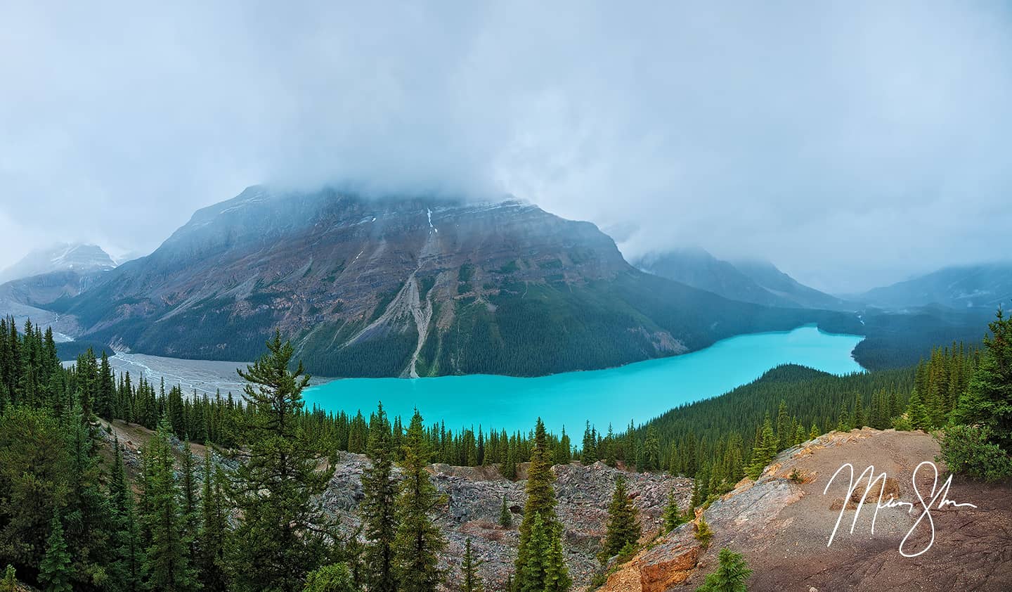 Peyto Lake in the Fog Panorama - Peyto Lake, Icefields Parkway, Banff National Park, Alberta, Canada