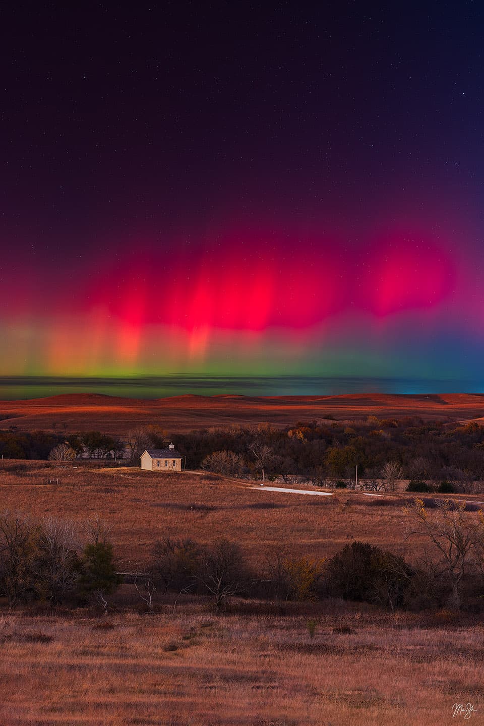 Schoolhouse Northern Lights over the Flint Hills - Tallgrass Prairie National Preserve