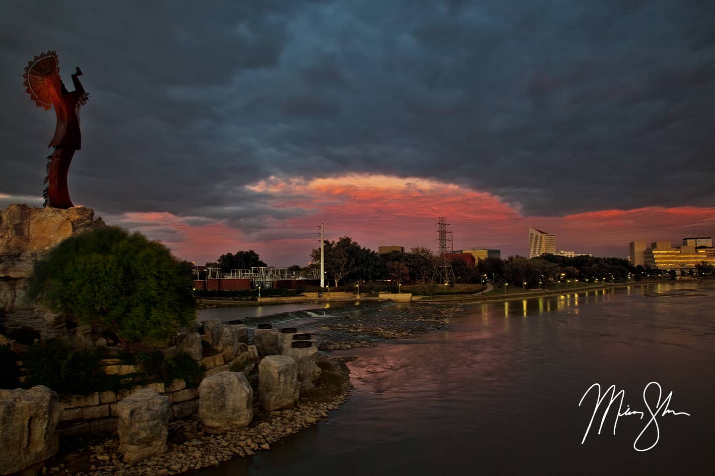 Stormy Sunset at the Keeper of the Plains - Keeper of the Plains, Wichita, Kansas