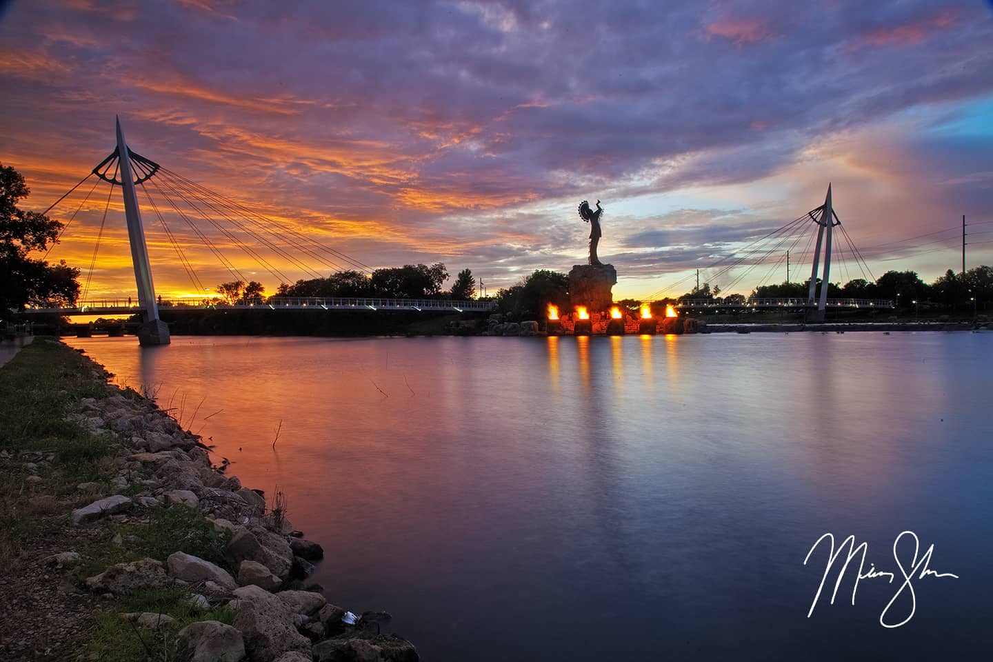 Summer Sunset at the Keeper of the Plains - Keeper of the Plains, Wichita, Kansas