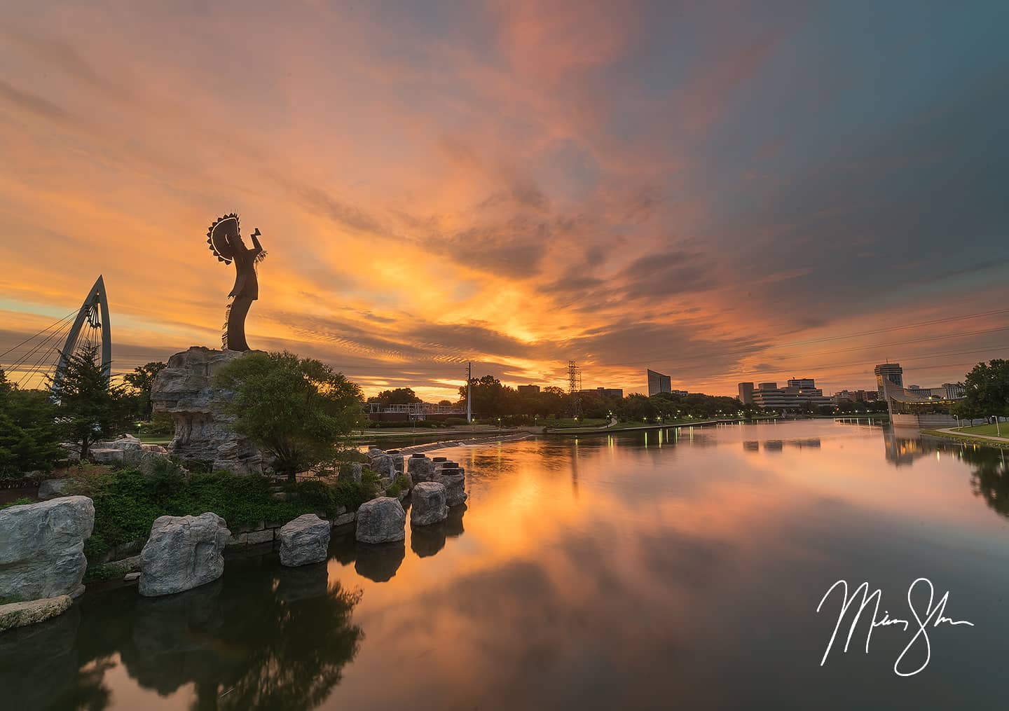 Sunrise Fire at the Keeper of the Plains - Keeper of the Plains, Wichita, Kansas