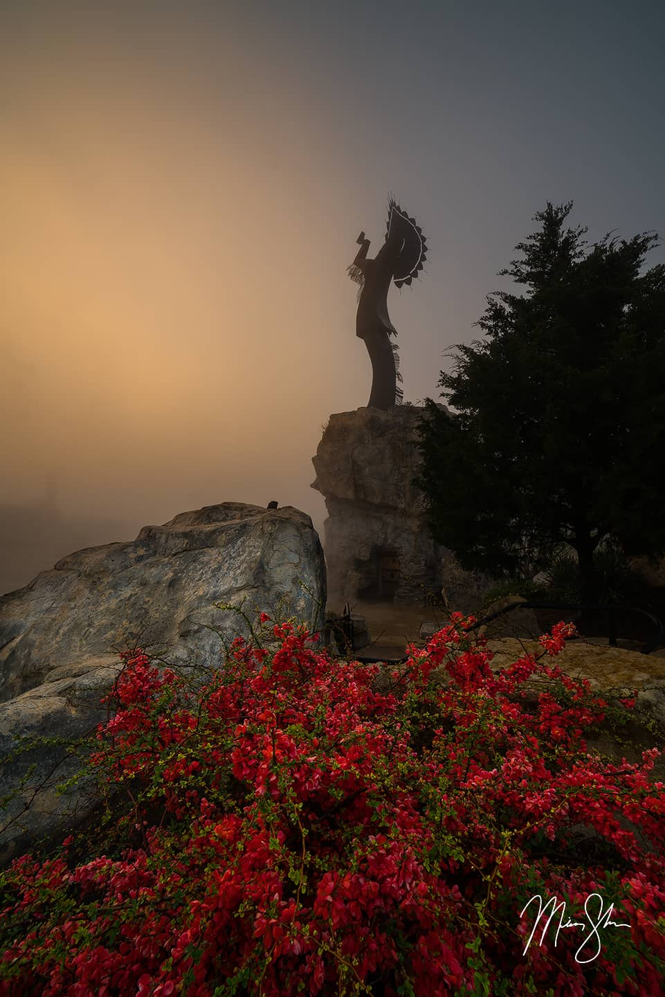 Sunrise Fog at the Keeper of the Plains - Keeper of the Plains, Wichita, Kansas