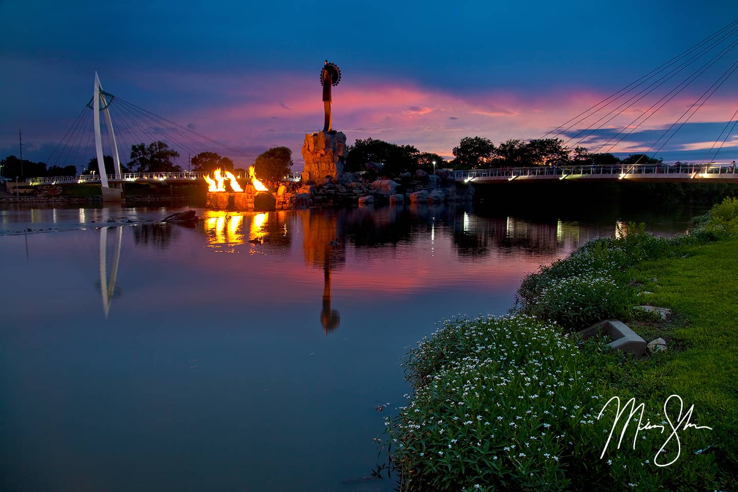 Sunset Fire at the Keeper - Keeper of the Plains, Wichita, Kansas