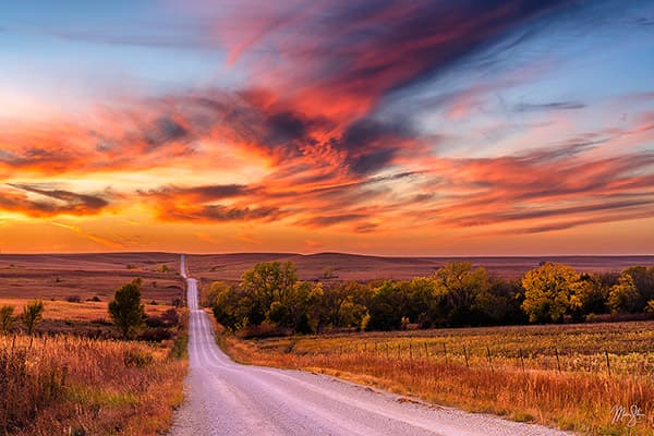 Kansas Scenic Drives guide featuring a backroad in the Flint Hills