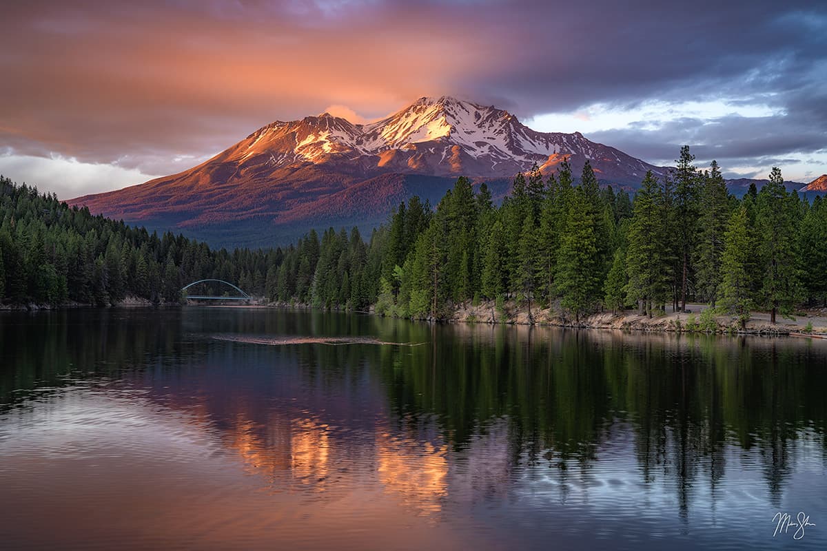 Featured: Mount Shasta Sunset | Fine art print of Northern California's Mount Shasta at sunset reflected in Lake Siskiyou below.