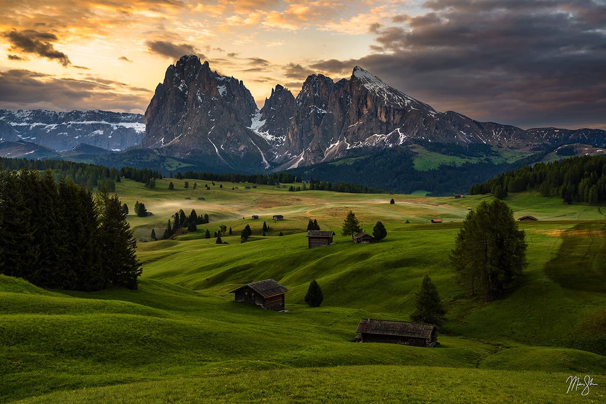Daybreak at Alpe di Siusi fine art print, featuring misty mountain sunrise landscape photography in the Dolomites.
