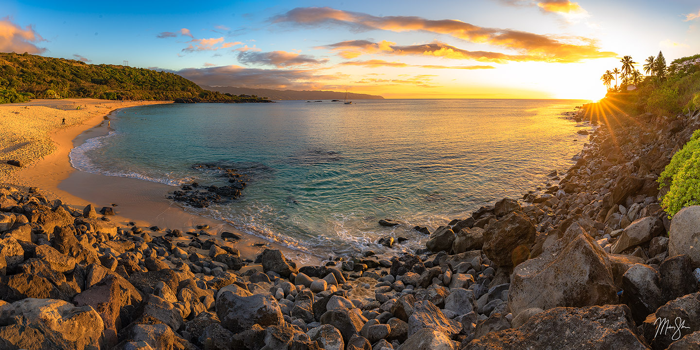 Waimea Bay Sunset Panorama - Waimea Bay, North Shore, Oahu, Hawaii